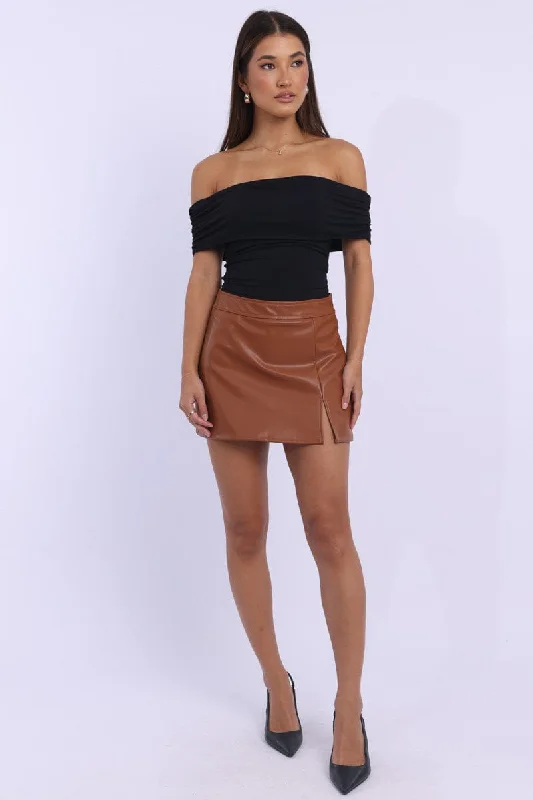 Elastic - waisted maternity skirts Beige PU Skort Skirt Mid Rise Mini Slight Stretch