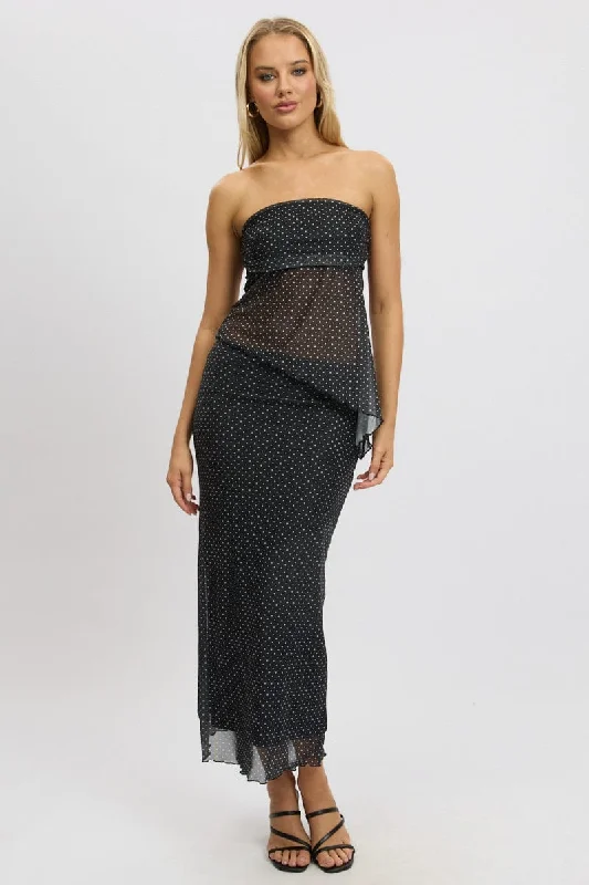 Skirts with a metallic finish Black Polka Dot Mesh Skirt Elasticated Picot Trim Midaxi