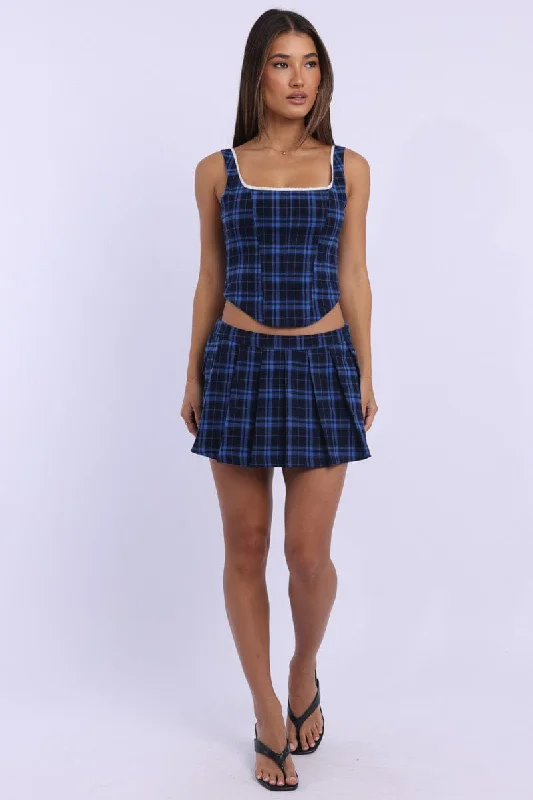 Skirts for a school dance Blue Check Mini Skirt Skort Mid Rise Pleated Stretch Lining
