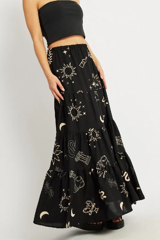 Skirts with a flounce Black Abstract Maxi Skirt Tiered High Rise Elastic Waistband