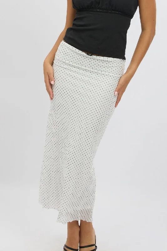 A - line skirts for petite women White Polka Dot Mesh Skirt Elasticated Picot Trim Midaxi