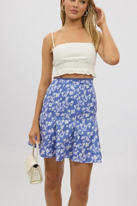 Denim skirts with distressed details Blue Ditsy Midi Godet Skirt