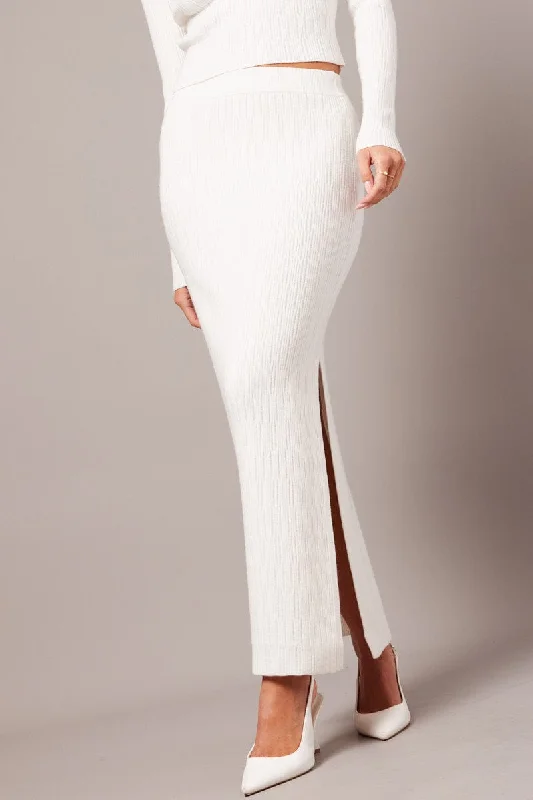 A - line cotton skirts for work White Knit Skirt High Rise