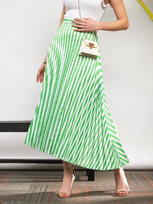 High - waisted skirts for tummy control Women Green & White Satin Striped Accordion Pleated Maxi Skirt High - waisted skirts for tummy control Women Green & White Satin Striped Accordion Pleated Maxi Skirt