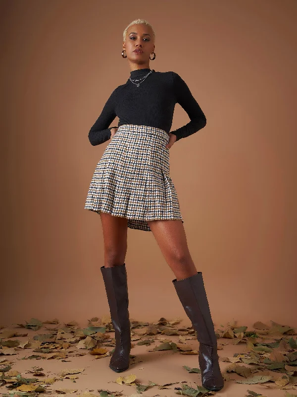 Skirts with a back vent Women Brown Flannel Check Pleated Mini Skirt