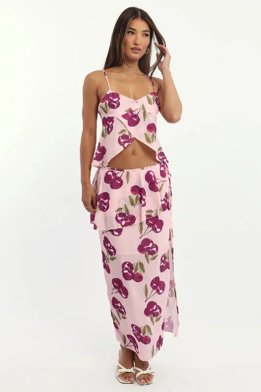 Skirts with a beaded embellishment Pink Abstract Chiffon Maxi Skirt Lined