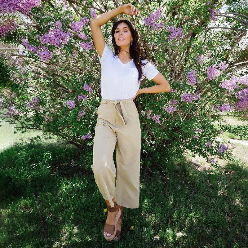 Linen blend skirts for breathability Heather Khaki Bow Belt Pants