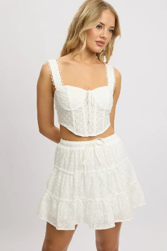 Satin skirts for a glamorous touch White Skater Skirt High Rise Tiered Mini Broidery Eyelet