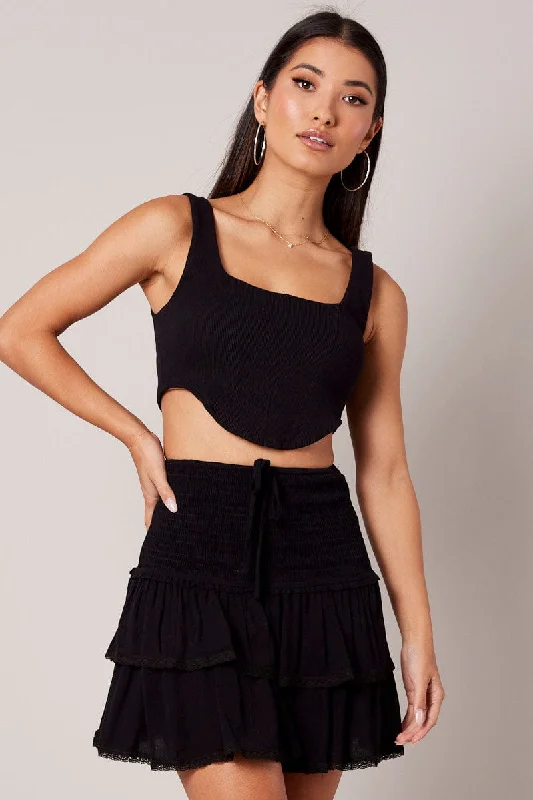 Skater skirts for casual outings Black Skater Skirt Smocking Waist Mini
