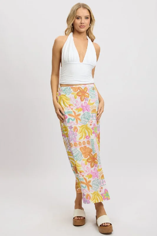 Skirts for a beach wedding White Abstract Wrap Skirt High Waisted Midaxi