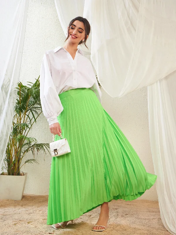 Elastic - waist skirts for lazy days Women Green Satin Accordion Pleated Maxi Skirt