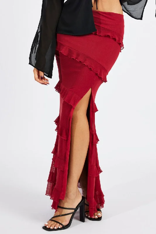 Skirts for a wedding guest Red Floral Maxi Skirt Mesh Frilled Mesh