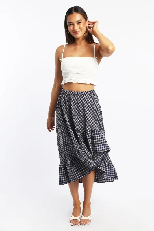 Printed skirts for travel Blue Check Asymmetric Midi Skirt High Rise Elastic Waist