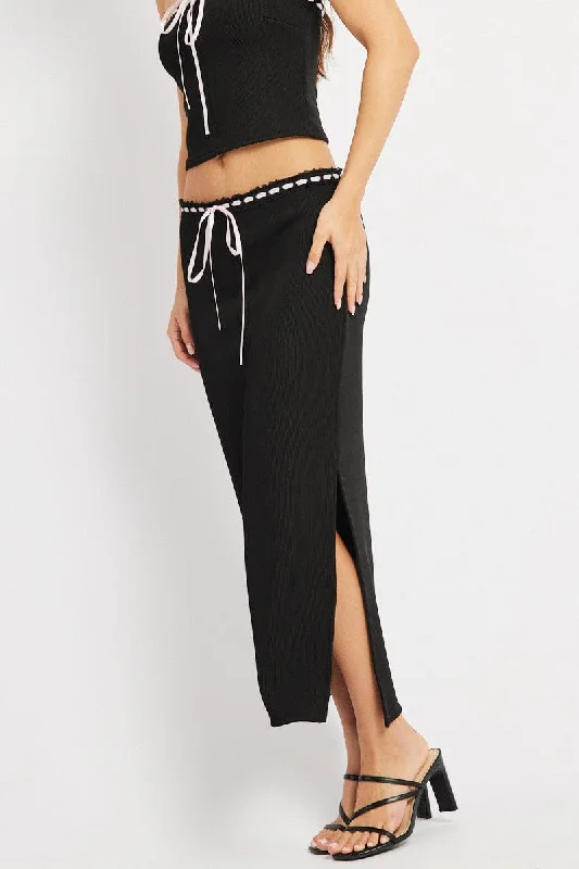 Skirts with a front zipper Black Midi Skirt High Rise Lace Detail Rib Jersey