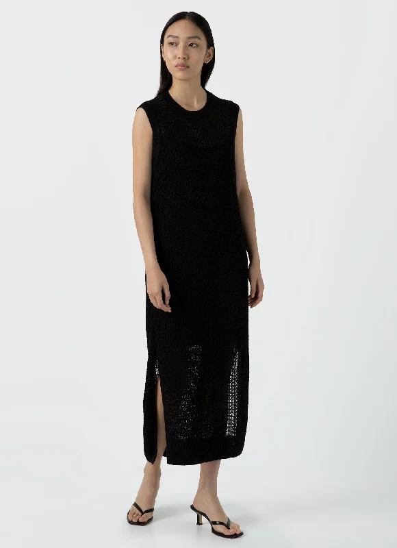 Maxi skirts with a slit Women's Linen Mesh Dress in Black