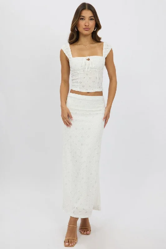 Skirts with a back vent White Midaxi Skirt High Rise Stretch Eyelet