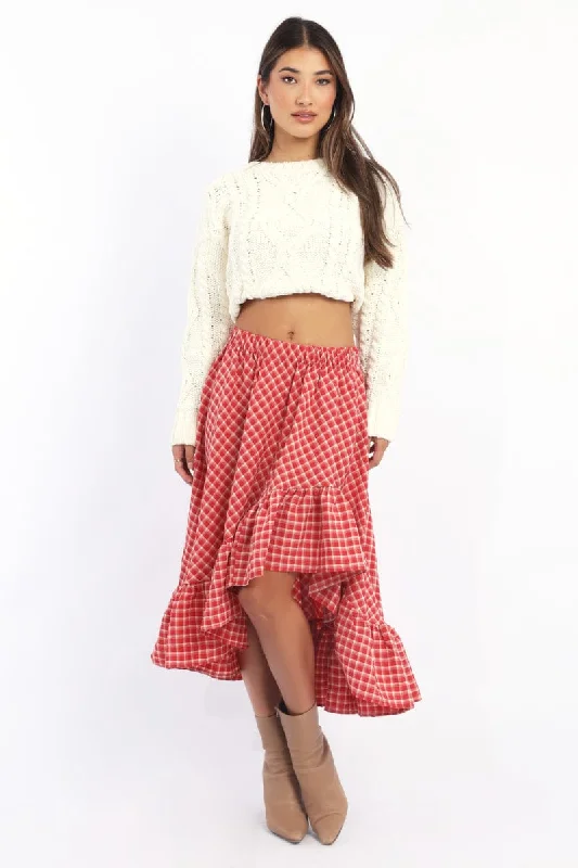 Skirts for a photo shoot Red Check Asymmetric Midi Skirt Elastic Waist Frill Hem