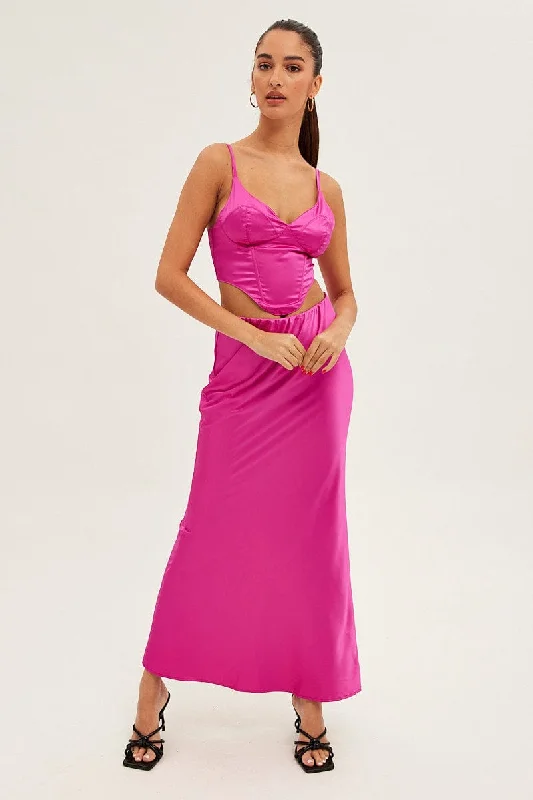 Mini skirts for clubbing Pink Maxi Skirt Low Rise Elastic Waist Satin