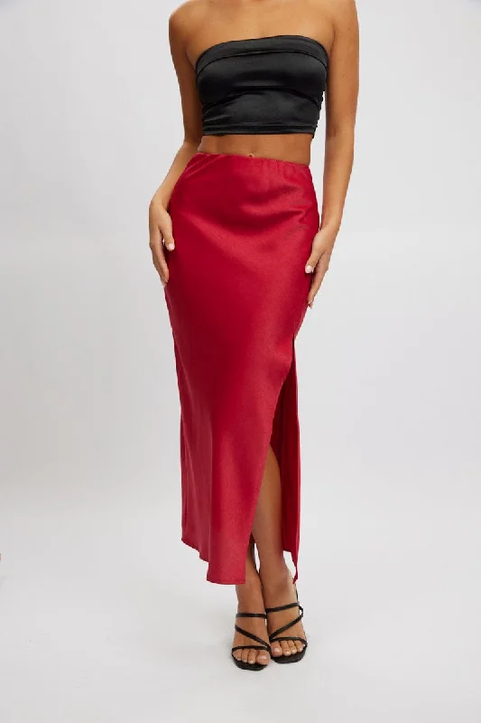 Long flowing maxi skirts for beach Red Slip Skirt High Waist Front Split Midaxi Satin
