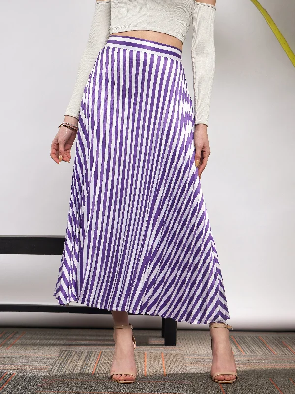 Skirts for outdoor activities Women Purple & White Satin Striped Accordion Pleated Maxi Skirt Skirts for outdoor activities Women Purple & White Satin Striped Accordion Pleated Maxi Skirt