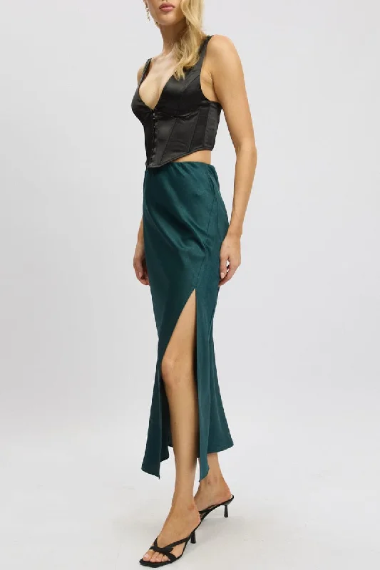 Skirts with a back vent Green Slip Skirt High Waist Front Split Midaxi Satin