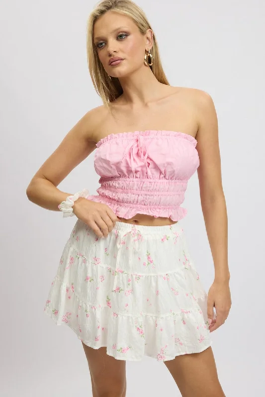 Skirts for a garden party White Ditsy Skater Skirt High Rise Tiered Mini Lined