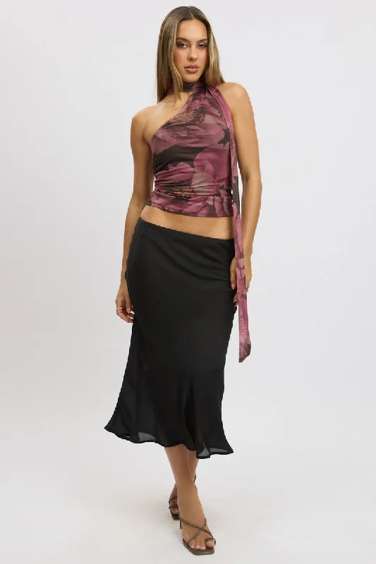Skirts with a smocked waist Black Slip Skirt High Rise Midi Picot Trim