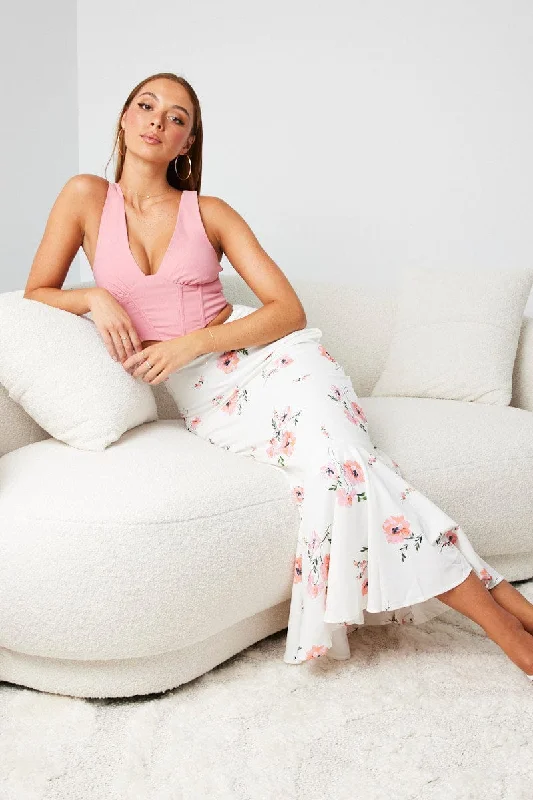 Skirts for a picnic White Floral Maxi Skirt High Waist Fit & Flare