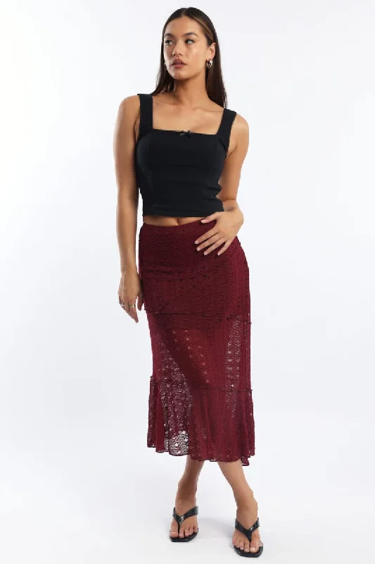 Skater skirts for casual outings Red Lace Midi Skirt