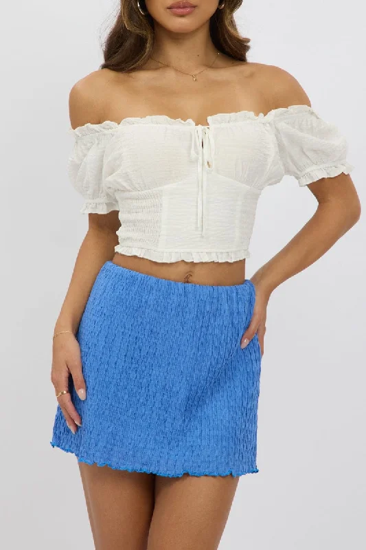 Skirts with a tie - front Blue Mini Skirt Elasticated Waist Textured Lined