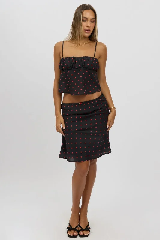 Skirts with hidden pockets Black Polka Dot Picot Trim Midi Skirt Chiffon Lined