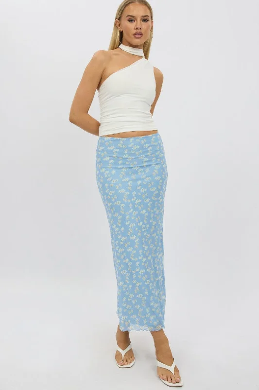 Sequined skirts for parties Blue Ditsy Maxi Skirt Elastic Waist Mesh Lined