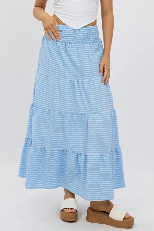 Button - down skirts for a classic style Blue Stripe Maxi Skirt Shirred Waist Tiered Relaxed Fit Button - down skirts for a classic style Blue Stripe Maxi Skirt Shirred Waist Tiered Relaxed Fit