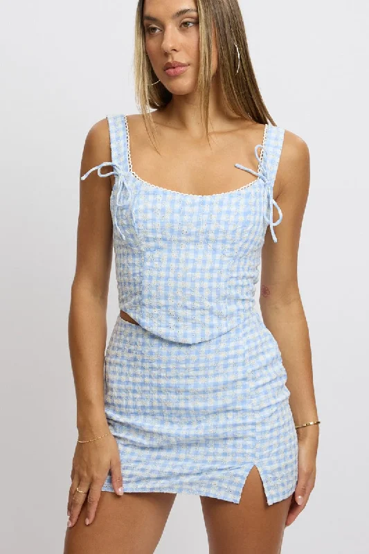 Skirts for pregnant women Blue Check Mini Skirt High Rise Split