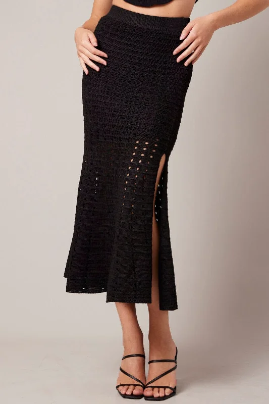 Denim skirts with embroidery Black Knit Skirt Crochet