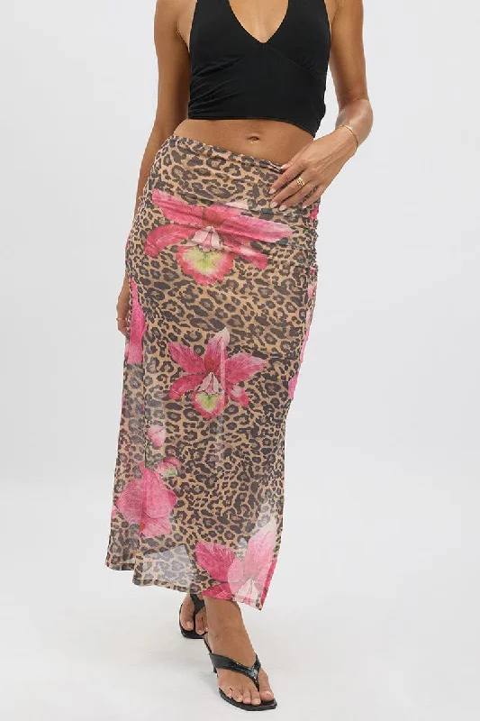 Skirts with a back vent Multi Animal Print Midaxi Skirt High Rise Ruched Lined Mesh