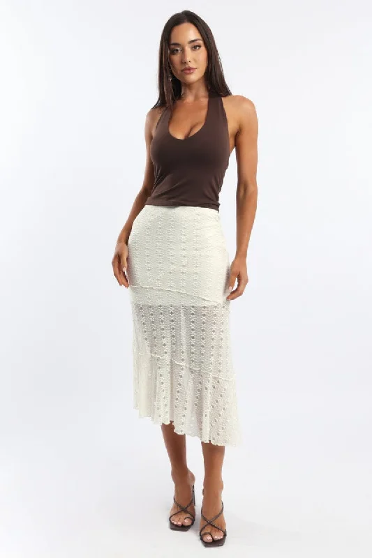 Skirts with a dropped waist White Lace Midi Skirt