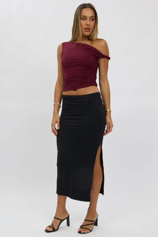 Skirts with a back vent Black Midaxi Skirt High Rise Supersoft Picot Trim Lined