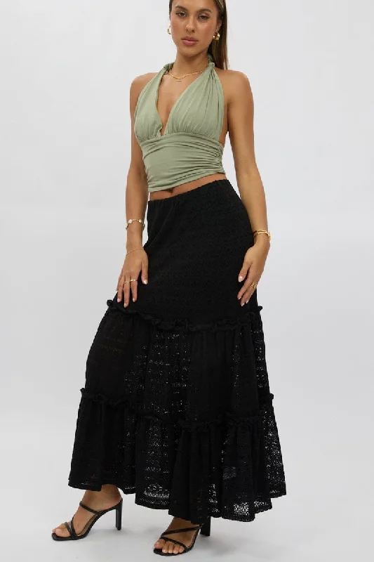 Skirts with a gathered waist Black Lace Maxi Skirt Elastic Waist Tiered Lined