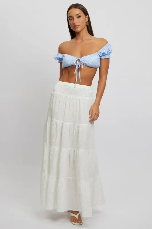 Skirts for a romantic date White Maxi Skirt Shirred Waist Tiered Relaxed Fit