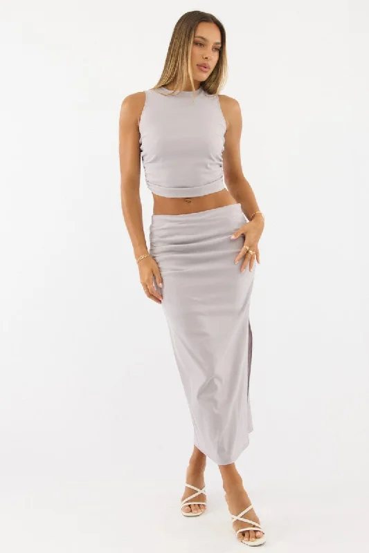 Plus size casual skirts for women Grey Gathered Midi Skirt High Rise Bengaline Split