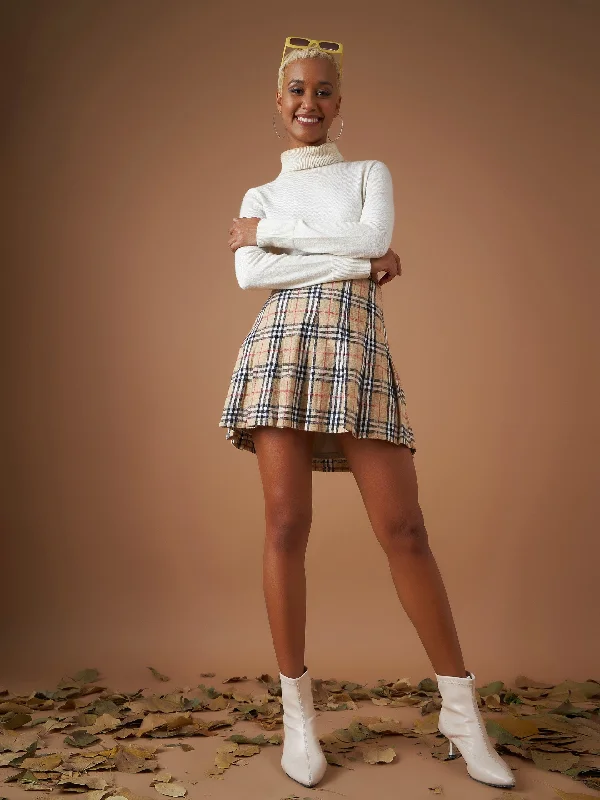 Linen blend skirts for breathability Women Beige Flannel Check Pleated Mini Skirt