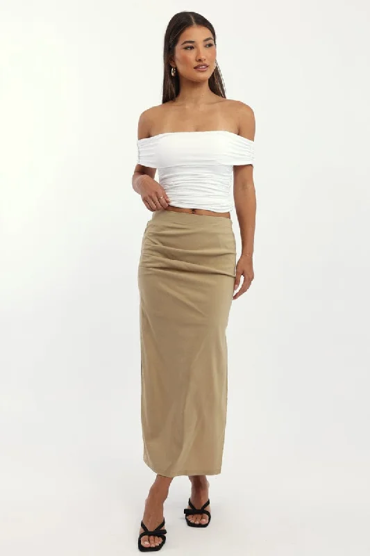 High - waisted skirts for tummy control Beige Gathered Midi Skirt High Rise Bengaline Split