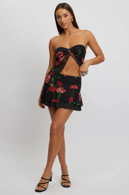 Skirts with decorative buttons Black Floral Mini Skirt Elasticated Waist Skater Layered Mesh Skirts with decorative buttons Black Floral Mini Skirt Elasticated Waist Skater Layered Mesh