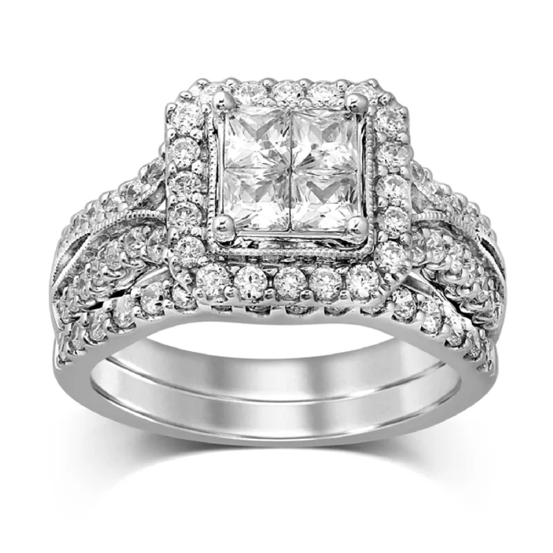 Princess Cut Engagement Rings in 18K White Gold with Micro - Pave Side StonesSignature 1-1/2 CTW Diamond Halo Bridal Set Ring in 14KT White Gold