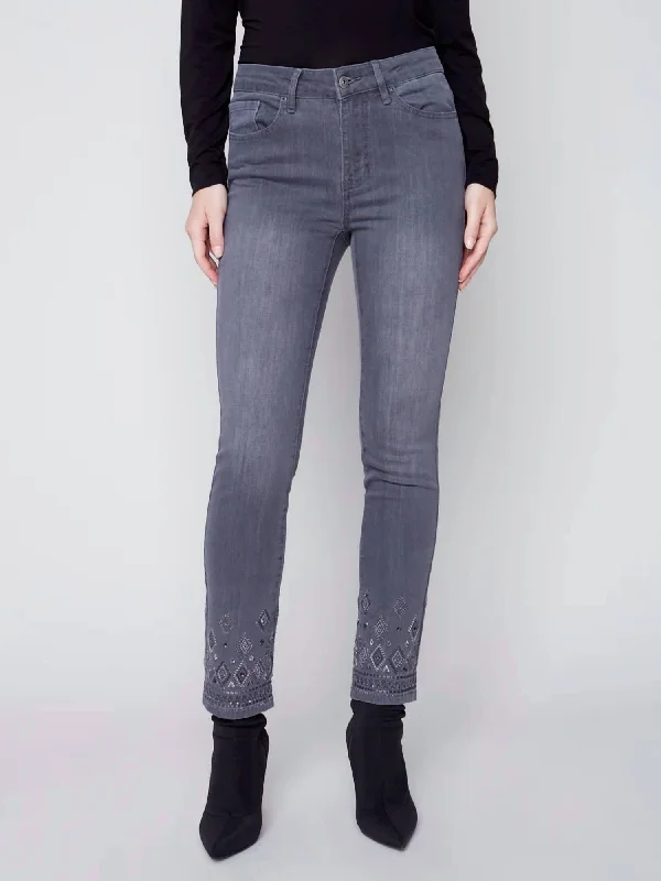 Plus Size Women's Stretch Cotton Tight Trousers in Navy for Comfortable Everyday WearMedium Grey Straight Cut Embellished Denim Pant Plus Size Women's Stretch Cotton Tight Trousers in Navy for Comfortable Everyday WearMedium Grey Straight Cut Embellished Denim Pant