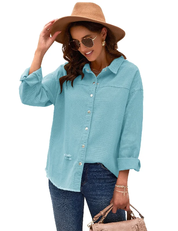 Womens Denim Jacket Oversized Button Down Shirts Jean Shacket Distressed Frayed Coat Womens Denim Jacket Oversized Button Down Shirts Jean Shacket Distressed Frayed Coat