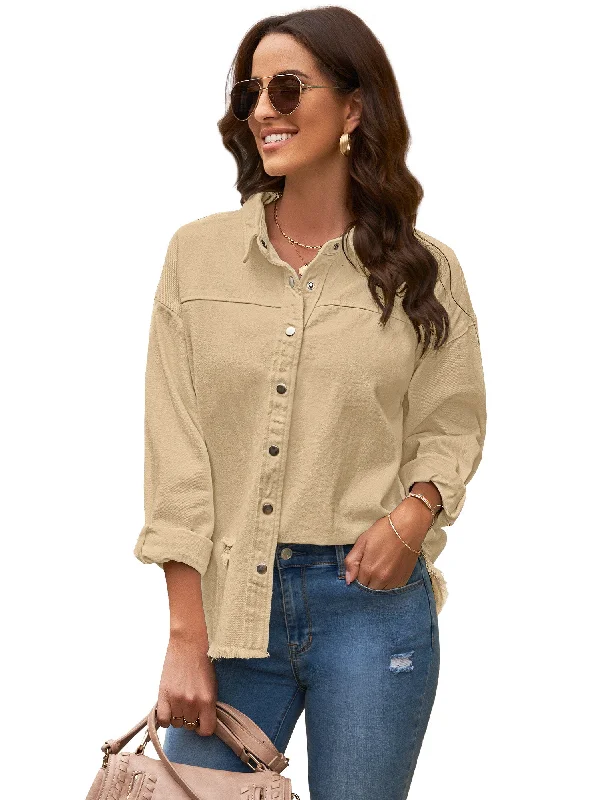 Womens Denim Jacket Oversized Button Down Shirts Jean Shacket Distressed Frayed Coat Womens Denim Jacket Oversized Button Down Shirts Jean Shacket Distressed Frayed Coat