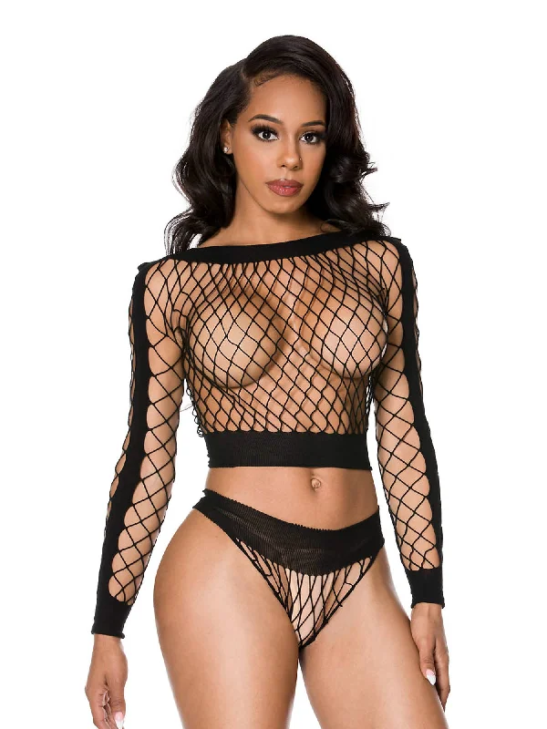 Tie - Front Women's Crop Top in Orange for a Playful and Adjustable FitOpaque Panelled Diamond Net Crop Top And Panty Set Tie - Front Women's Crop Top in Orange for a Playful and Adjustable FitOpaque Panelled Diamond Net Crop Top And Panty Set