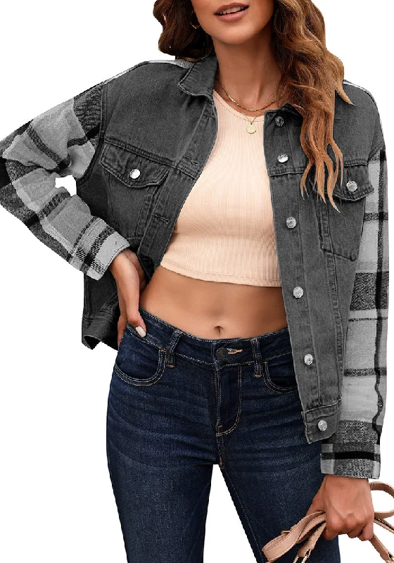 Washed Black + Black Plaid Women's Denim Oversized Plaid Shacket Jacket Vintage Shirt Jackets Washed Black + Black Plaid Women's Denim Oversized Plaid Shacket Jacket Vintage Shirt Jackets
